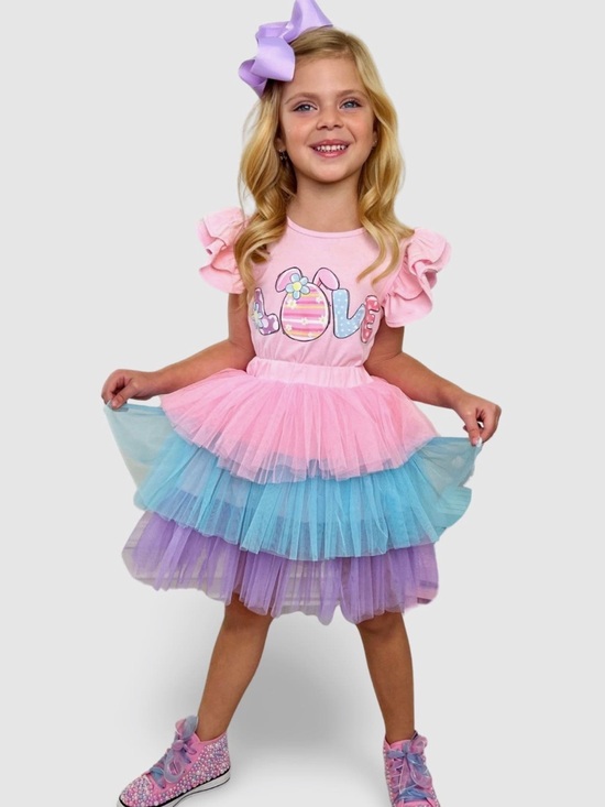 Mia Belle Girls Other - Mia Belle Girls Pink 'Love' Ruffle Sleeve Top with Pastel Rainbow Tutu, sz 2/3